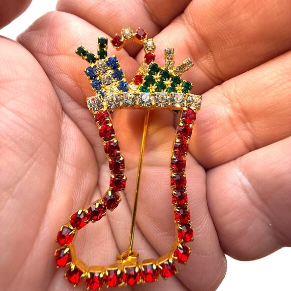 VTG Fashion Jewelry Christmas Stocking Brooch Red Rhinestone Holiday Pin - Picture 3 of 4